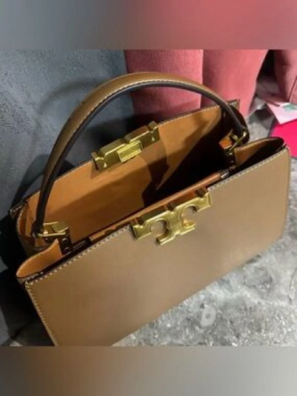 Tory Burch Brown Leather Top-Handle Shoulder Bag with Gold Hardware
